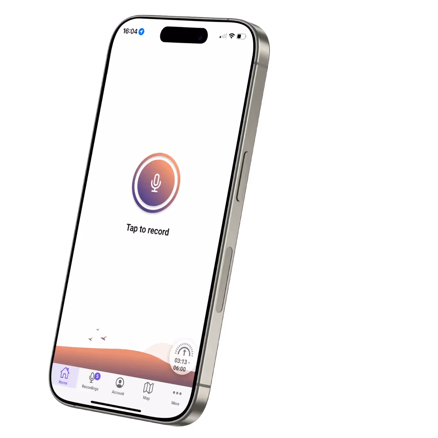A phone showing the Dawn Chorus app with a record button on it