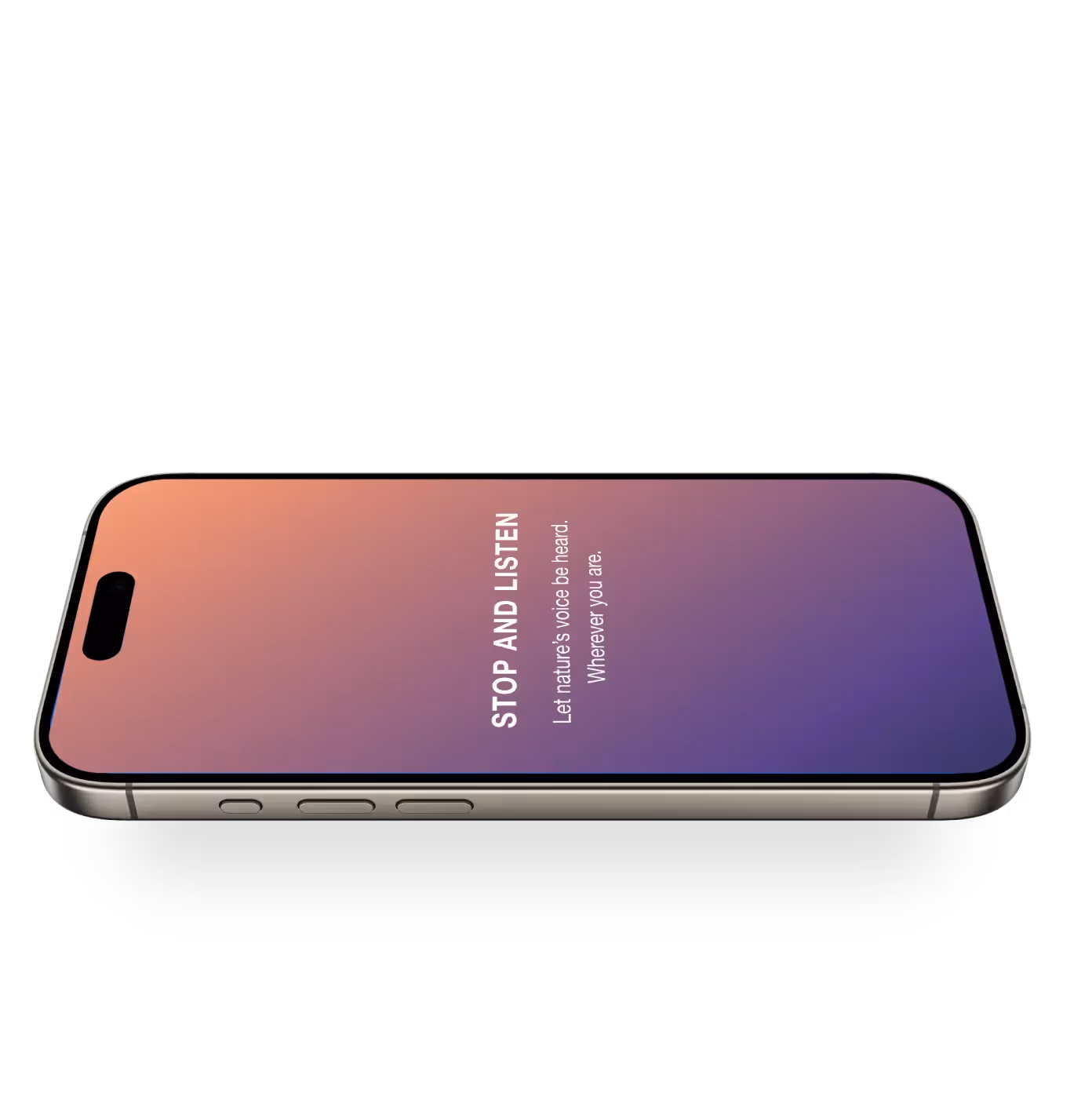 A phone showing the Dawn Chorus app saying "Stop and Listen" on a purple and pink graded background.