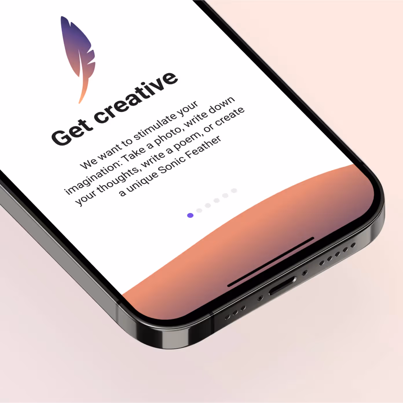 A phone showing the Dawn Chorus app showing a purple feather illustration and the text "Get Creative"