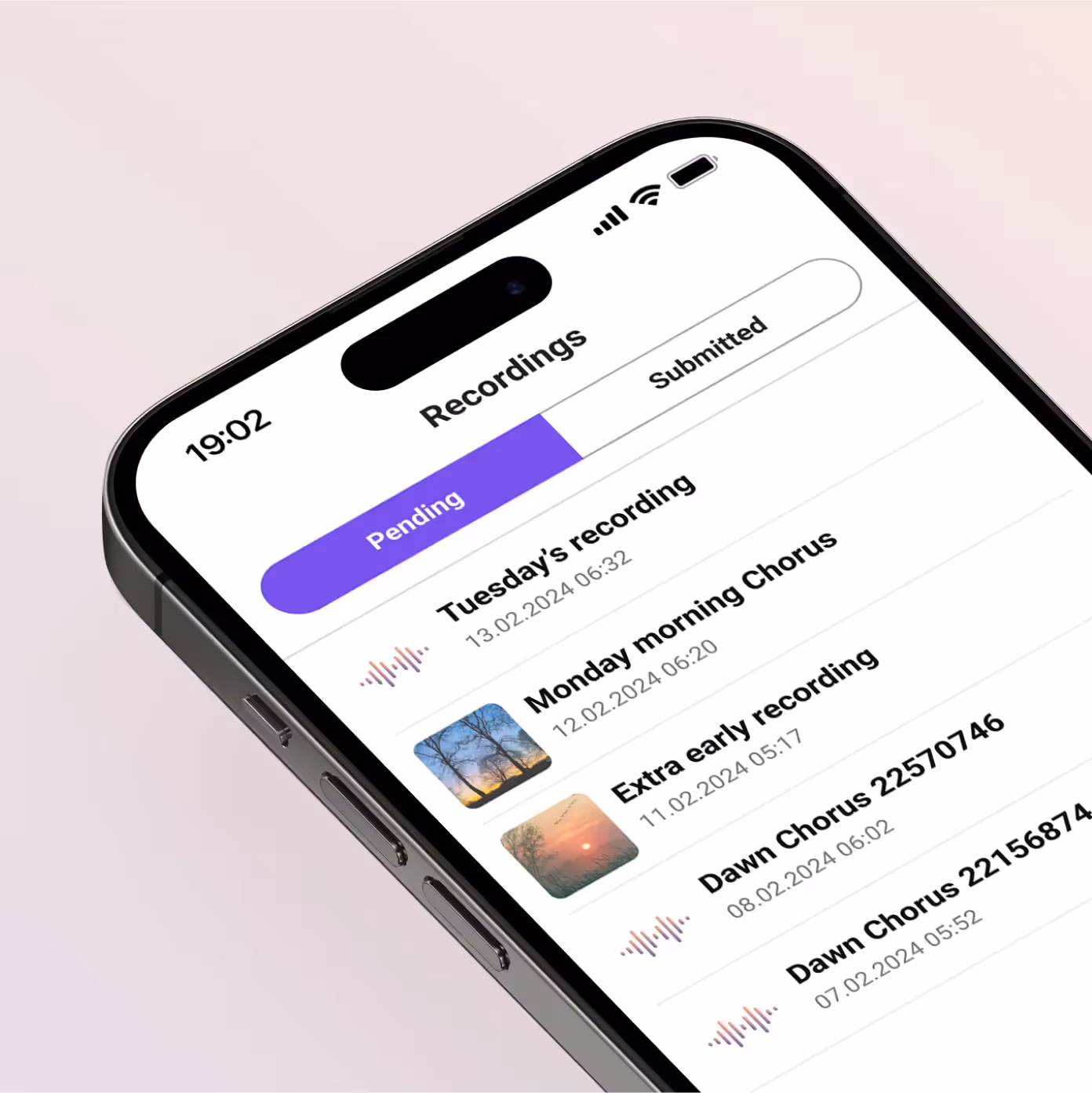 A phone showing the Dawn Chorus app with a list of recordings to be submitted
