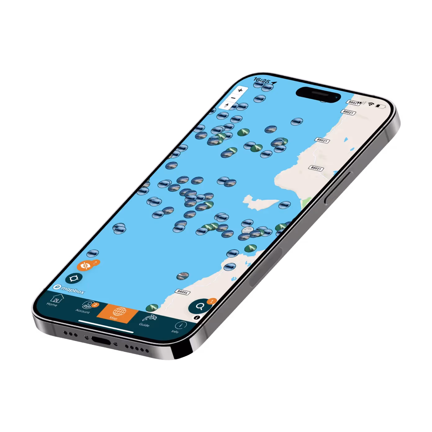 A phone showing the Whale Tracker app with a map showing different whale sightings on it.