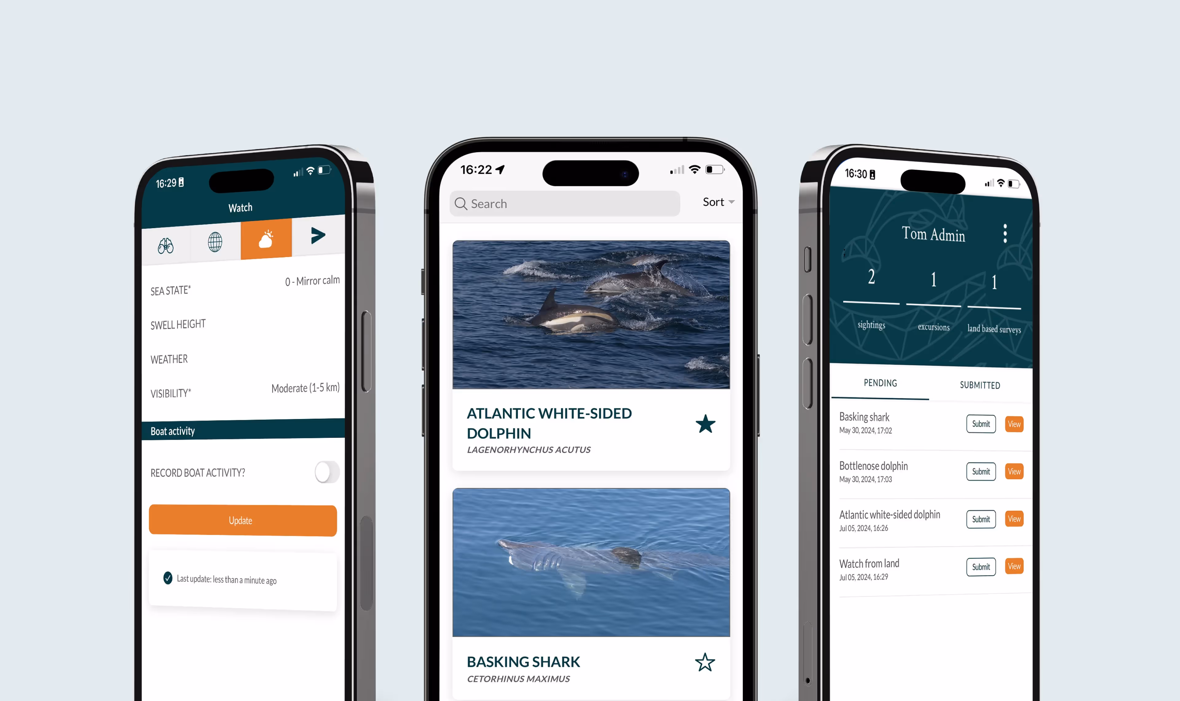 3 phones standing next to each other with screenshots from the Whale Tracker app on them.