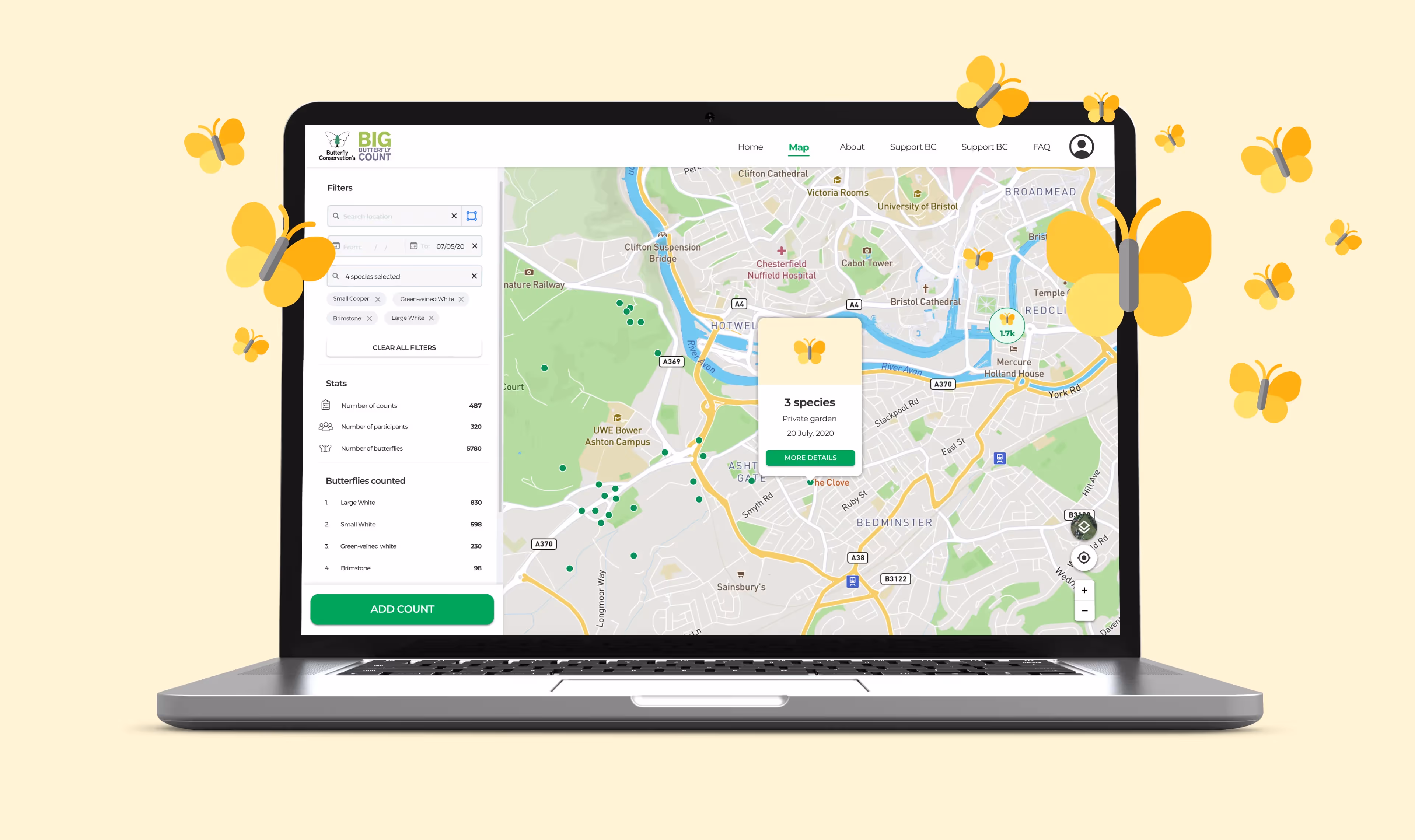 A laptop with the Big Butterfly Count website on its screen, showing a picture of a map with butterfly locations on it, and yellow illustrations of butterflies flying all around it.