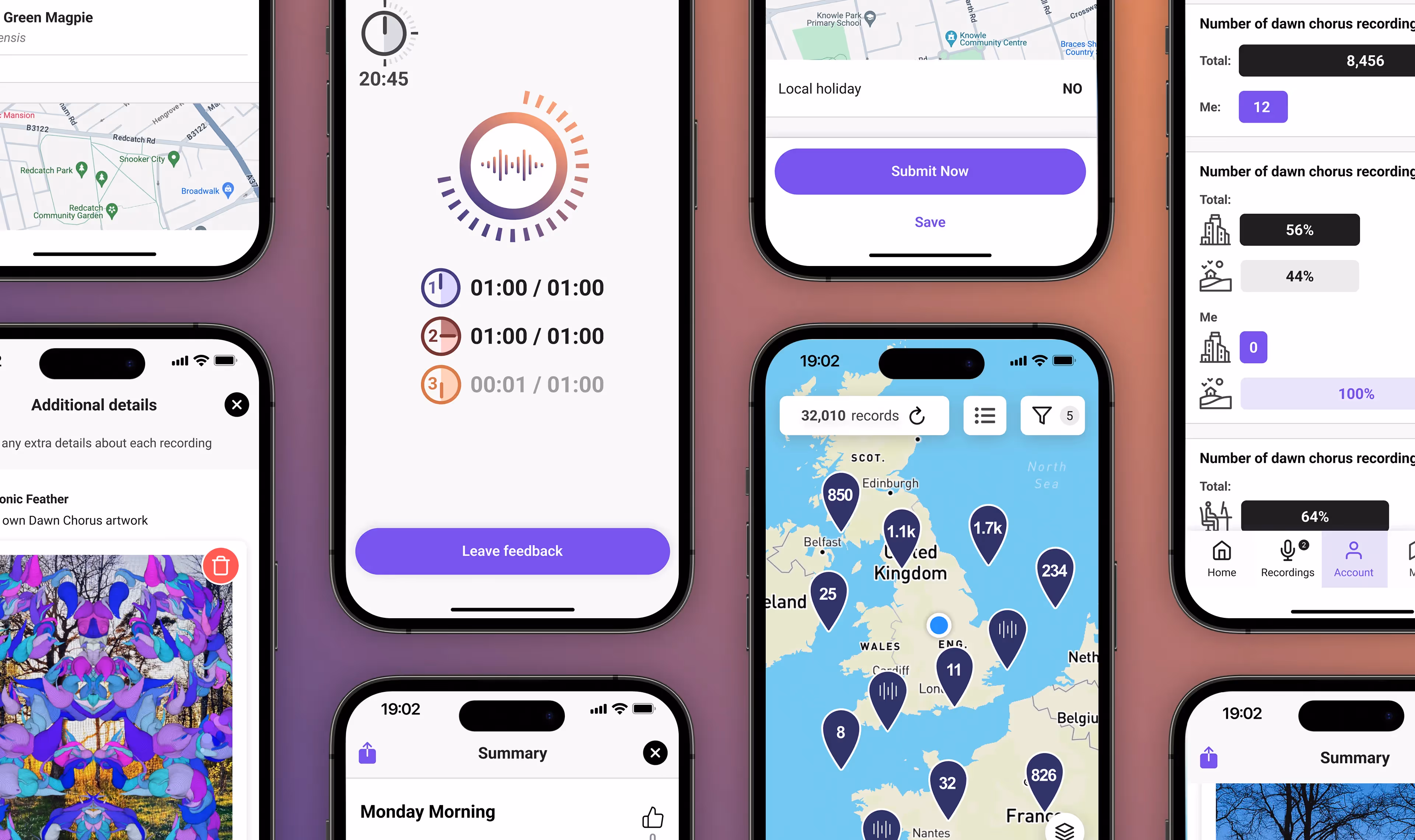S spread of multiple phones each showing a different screenshot from the Dawn Chorus app on them.