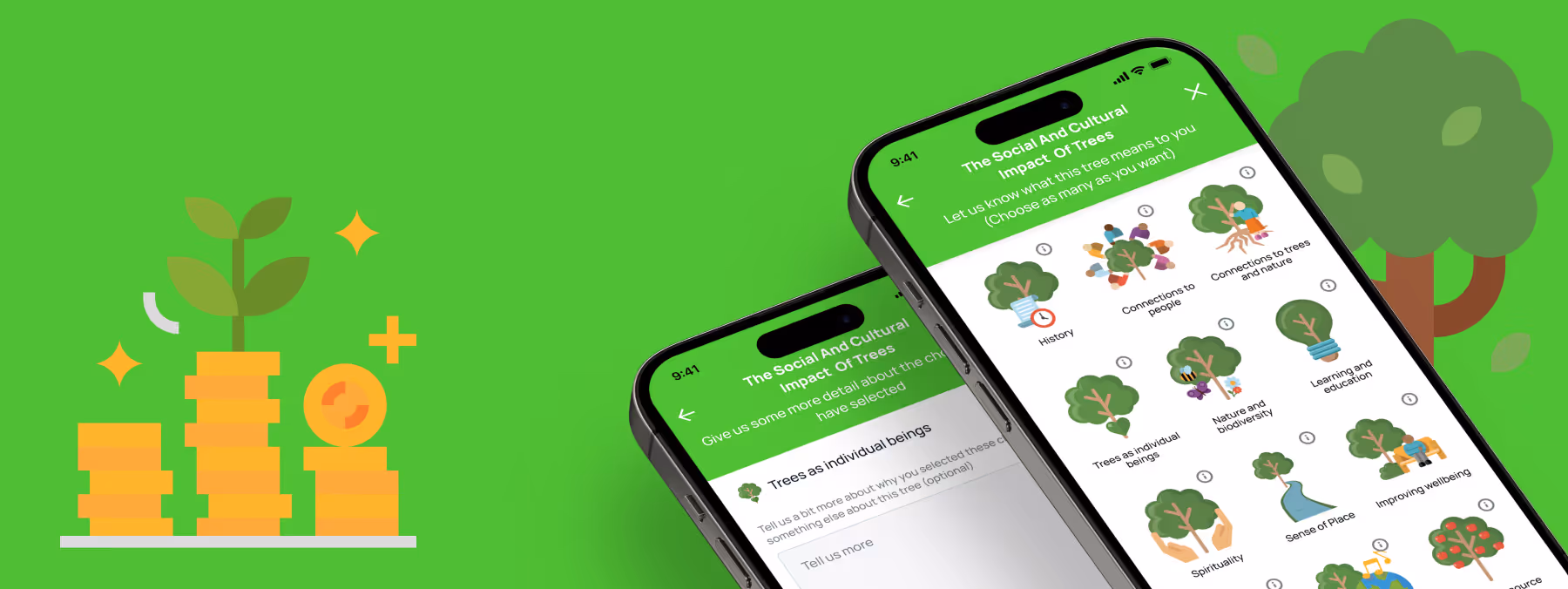 A green background showing two iphones showing screenshots of the new social and cultural part of the Treezilla survey, with a tree icon in the background.
