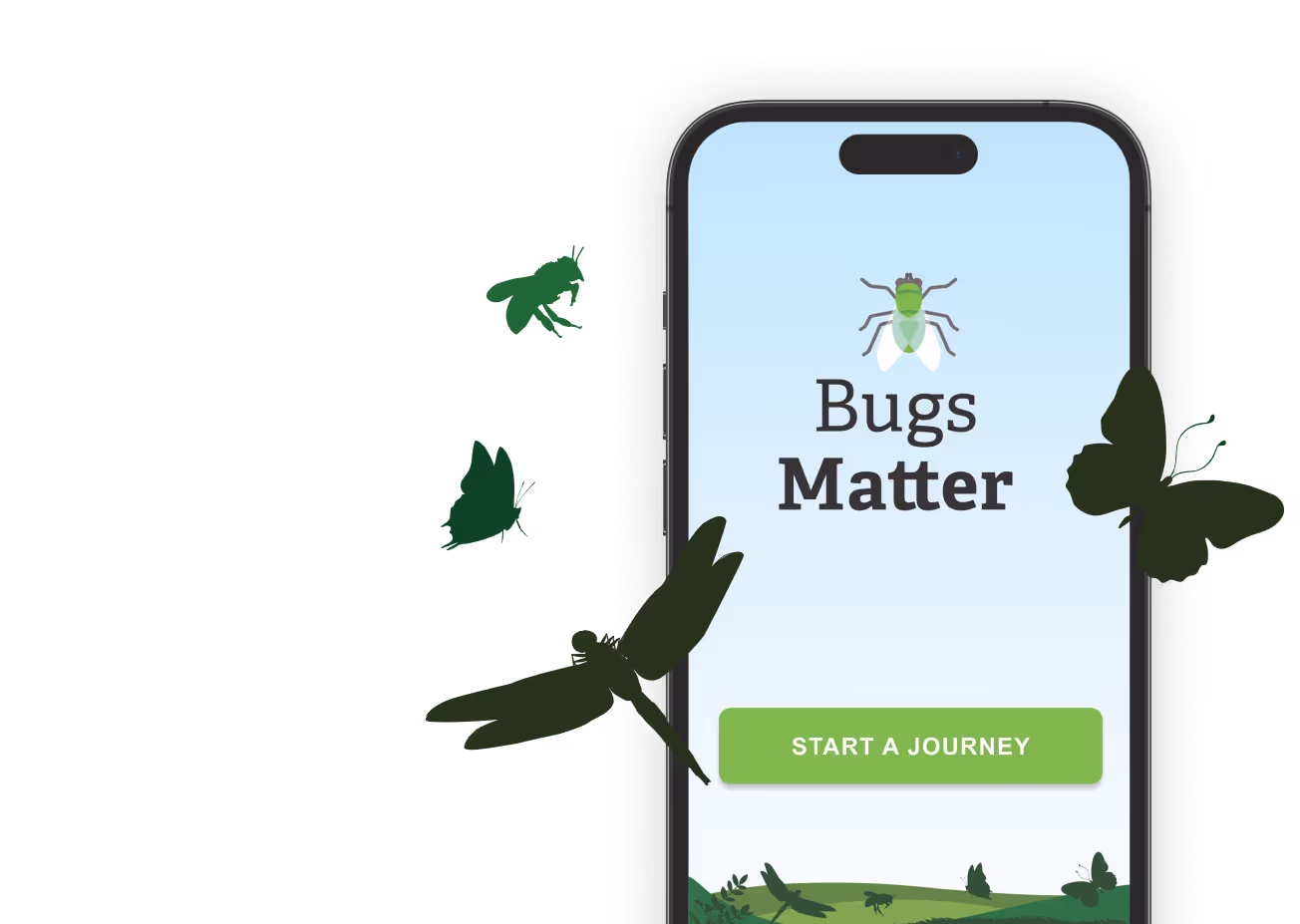 A mobile phone showing a screenshot of the bug matter app, with illustrations of insects around it