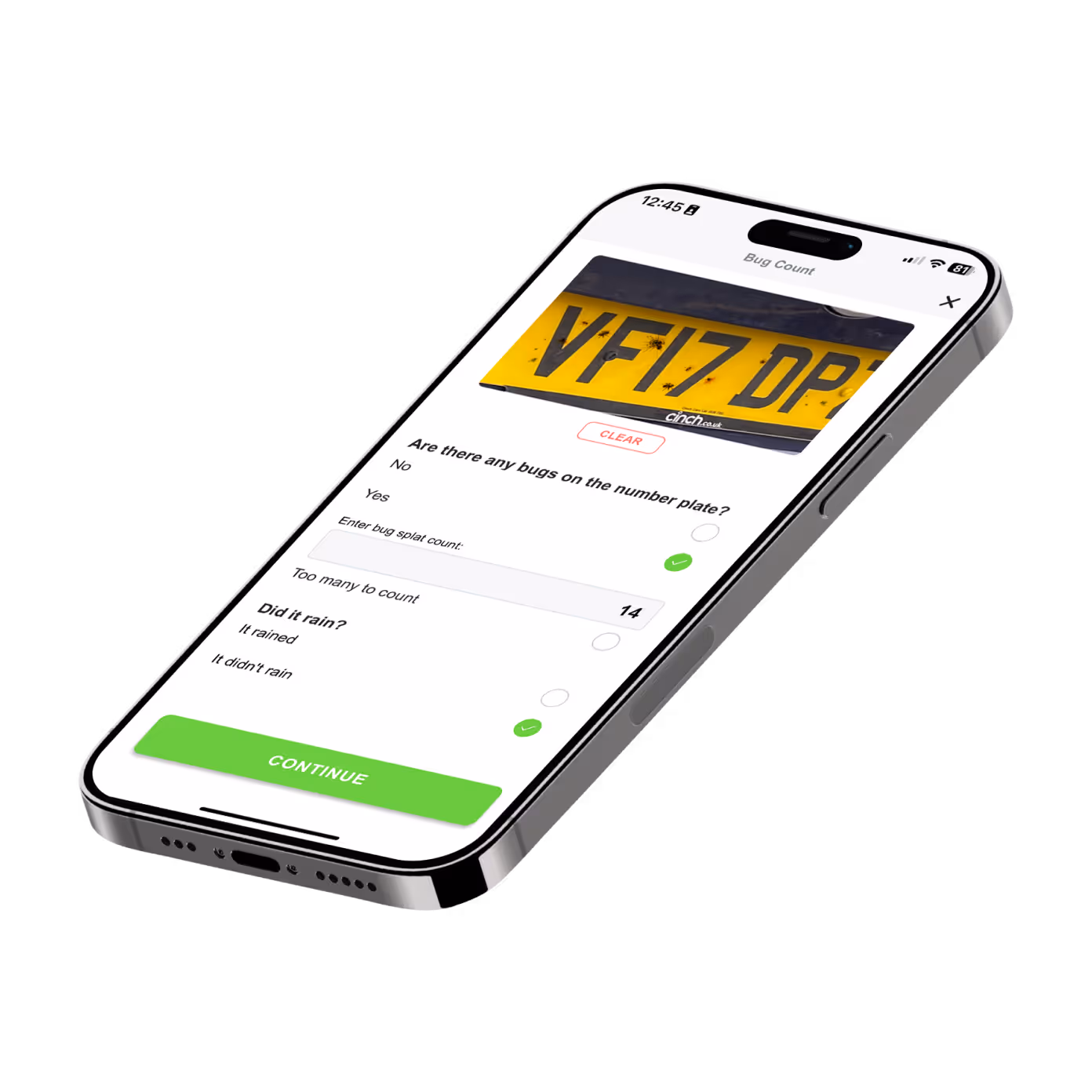 A phone showing the bugs matter app, with a photo of a number plate with bug splats on it