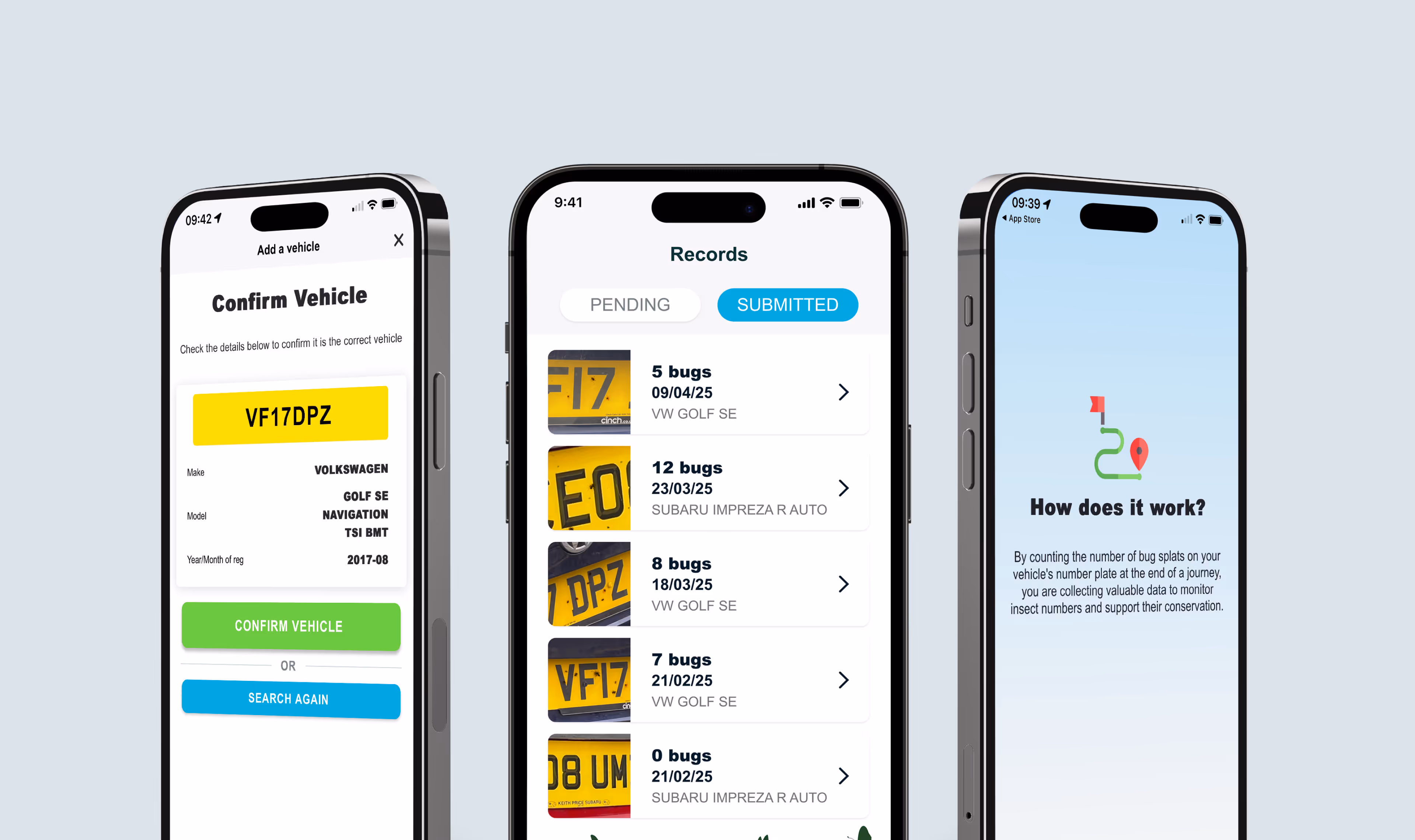 3 phones showing screenshots from the Bugs Matter app