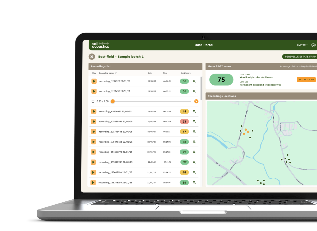 A laptop showing the Soil Acoustics Upload platform on its screen, with a wave form graphic in the background