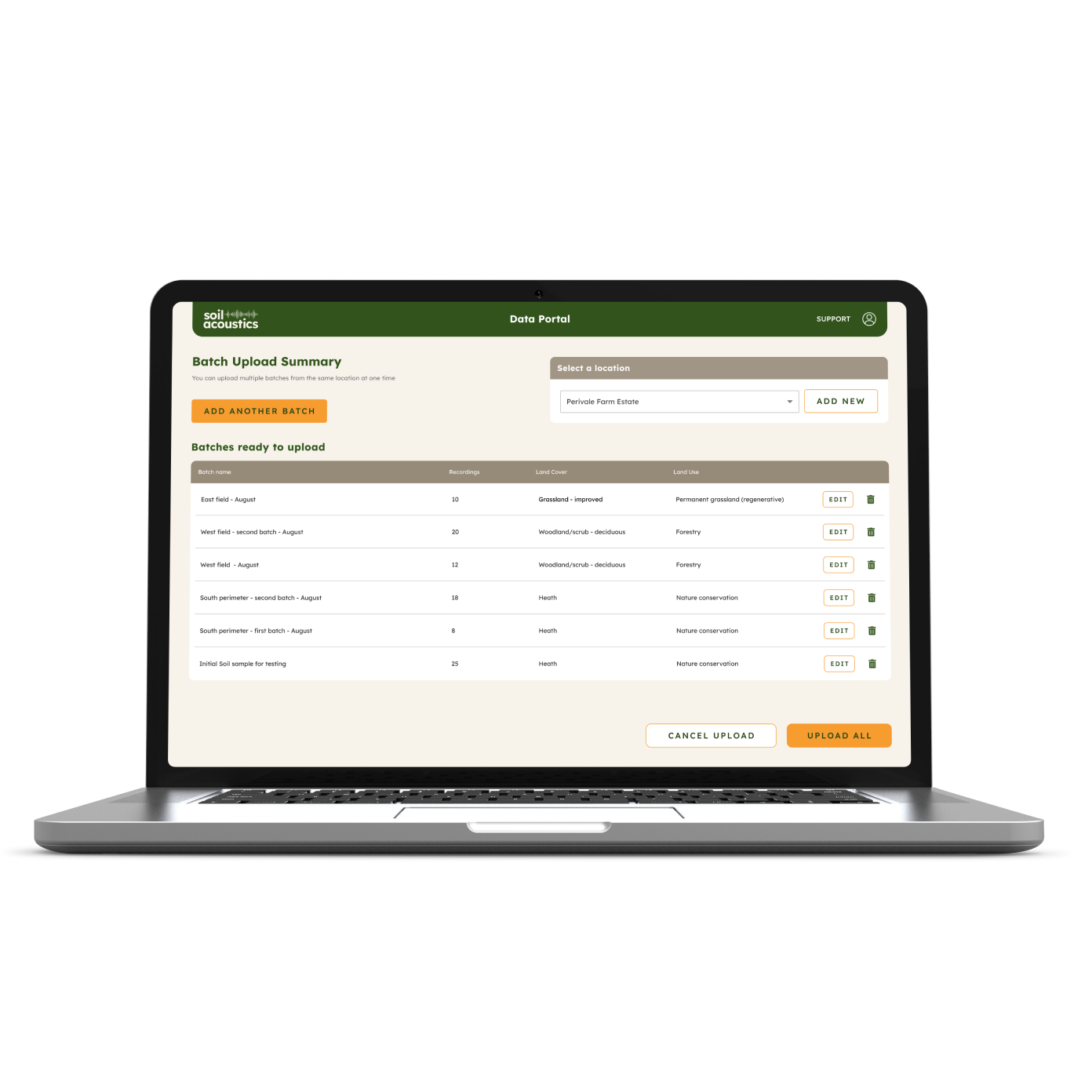 A laptop showing a screenshot of the Batch Upload Summary page of the Soil Acoustics platform