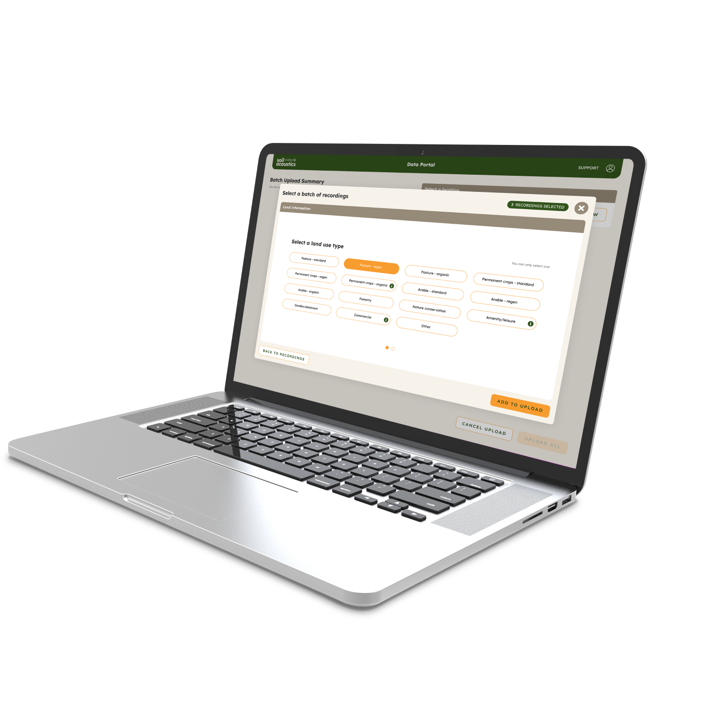A laptop showing the soil acoustic app, with choices for land usage