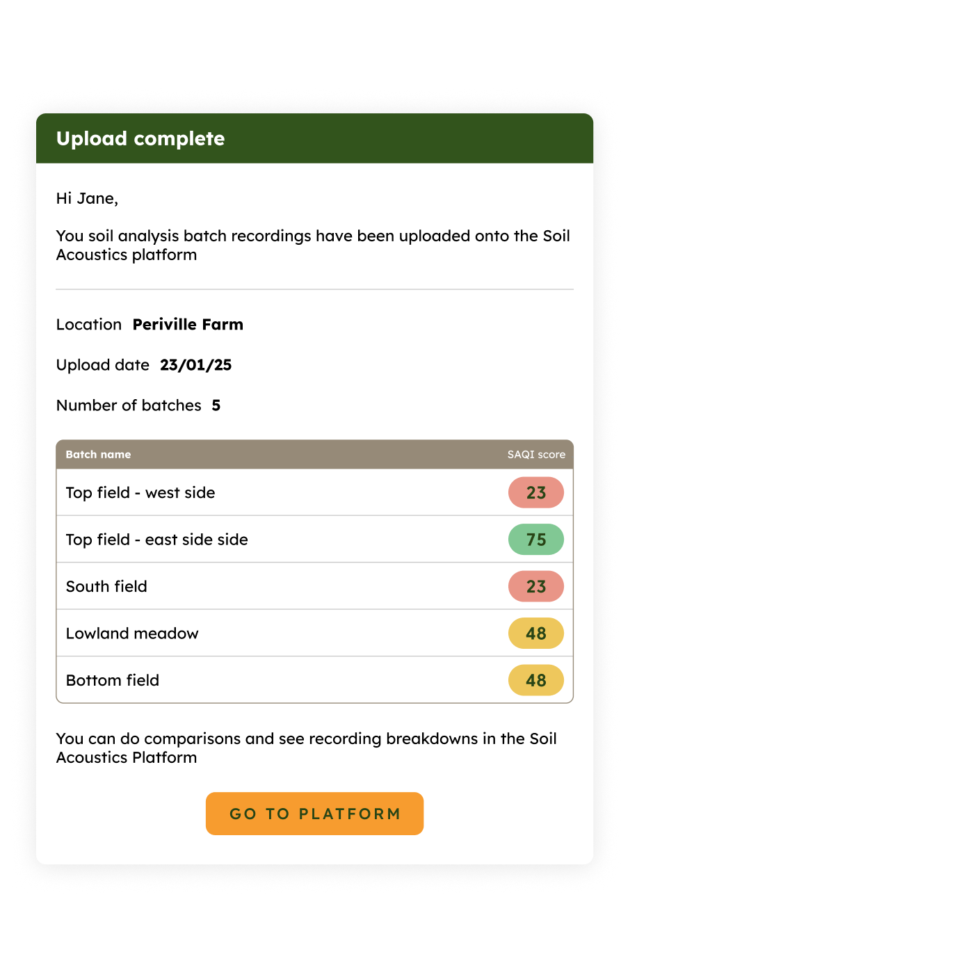 Pulled out interface from the email the user receives showing batch upload details