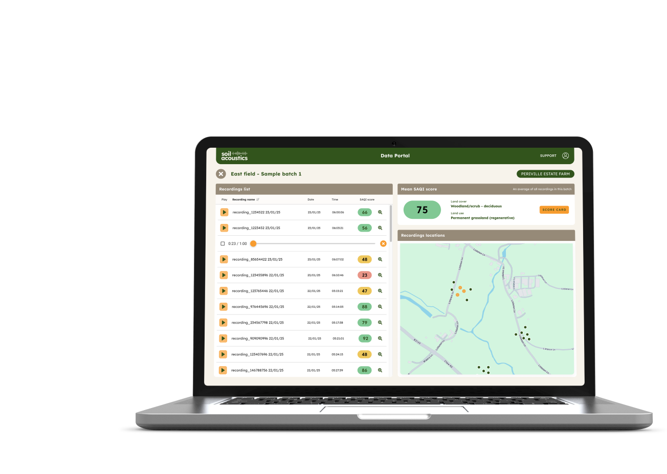 A laptop showing the Soil Acoustics Upload platform on its screen, with a wave form graphic in the background