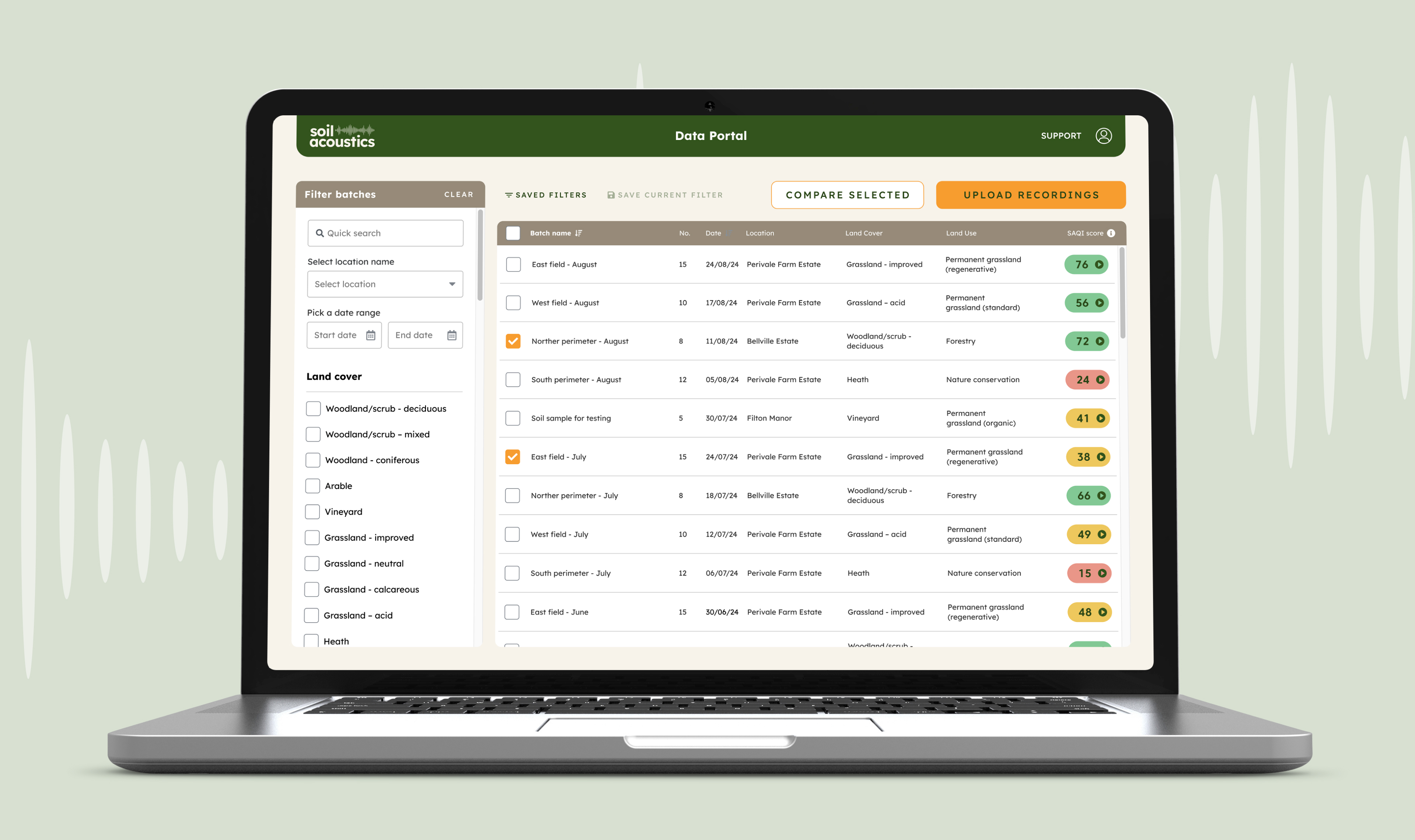 A laptop showing a list of all recording batch uploads on the right and a filter on the left