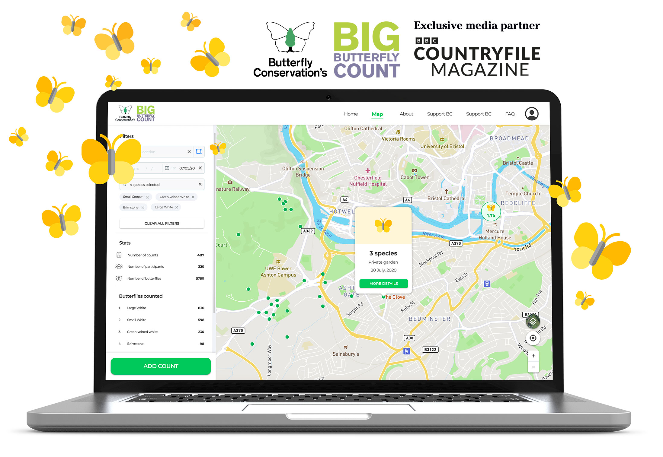 A laptop showing a screenshot of the Big Butterfly Count app, with the Butterfly Conservation and BBC Countryfile Magazine logos