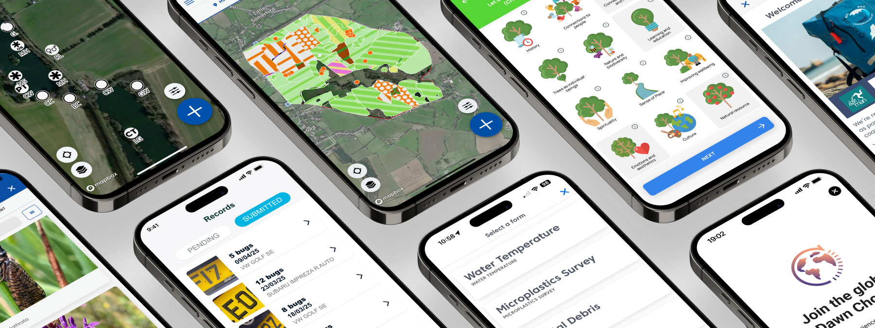 A collection of phones showing different app screenshots including citizen science projects and the UKHab survey app