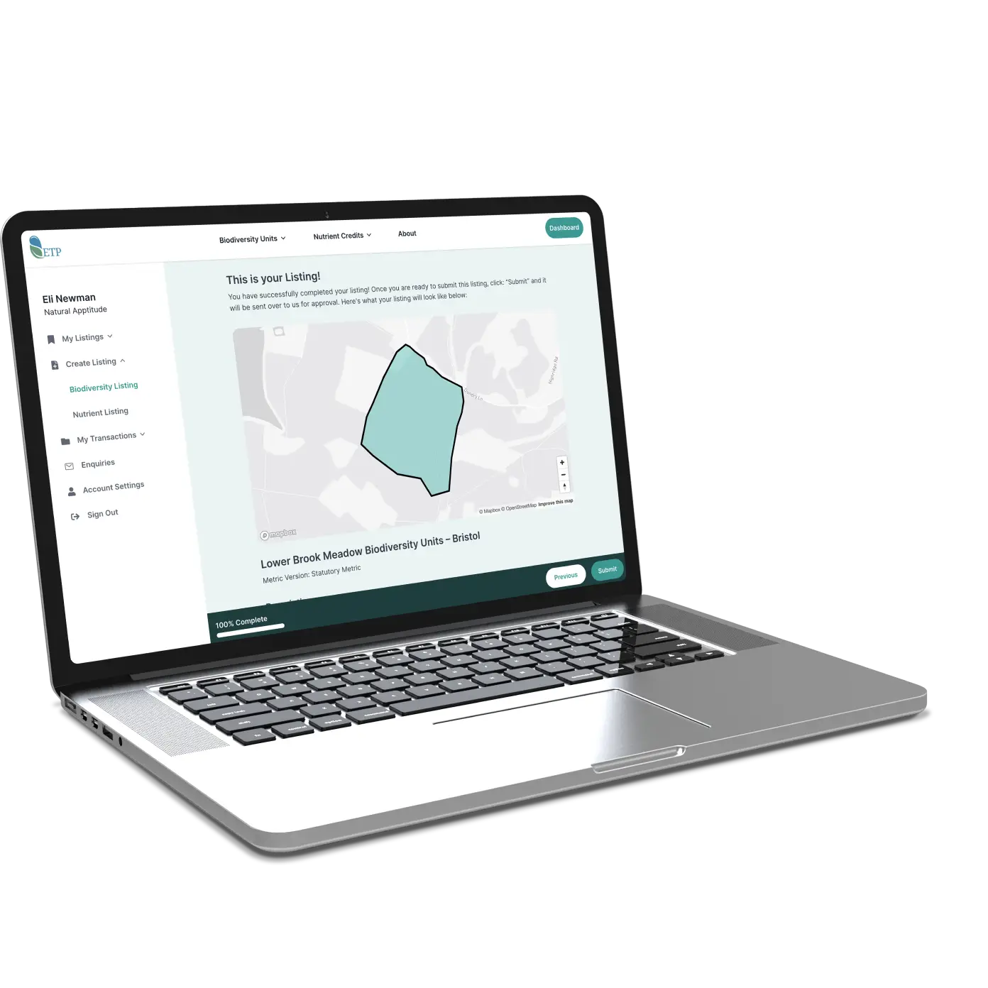 A laptop showing a screen from the ETP website, of a map