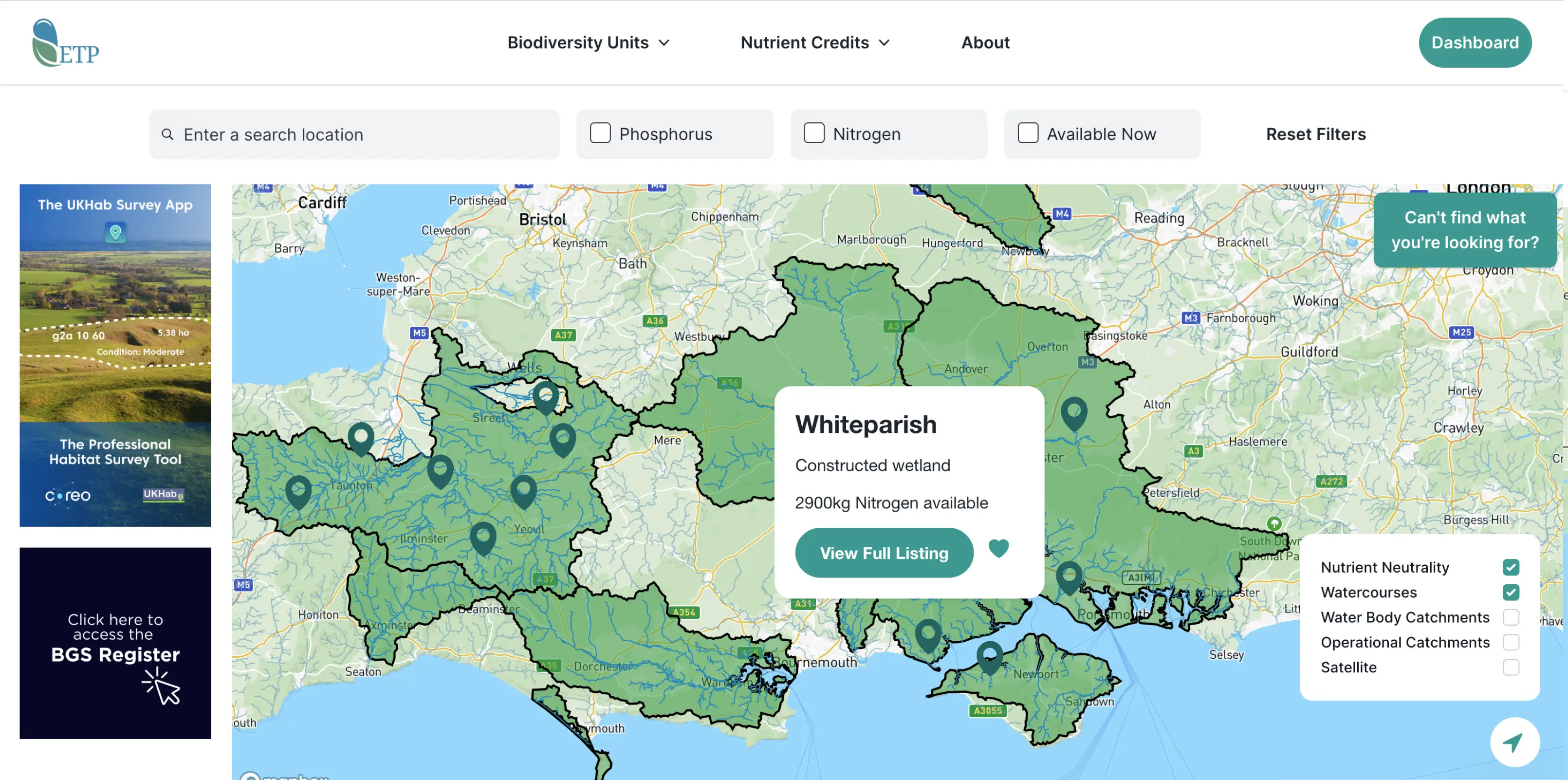 A large map and filters showing Nutrient credits around the UK
