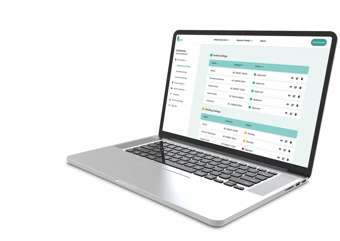 Laptop showing a screen of the Environmental Trading Platform website