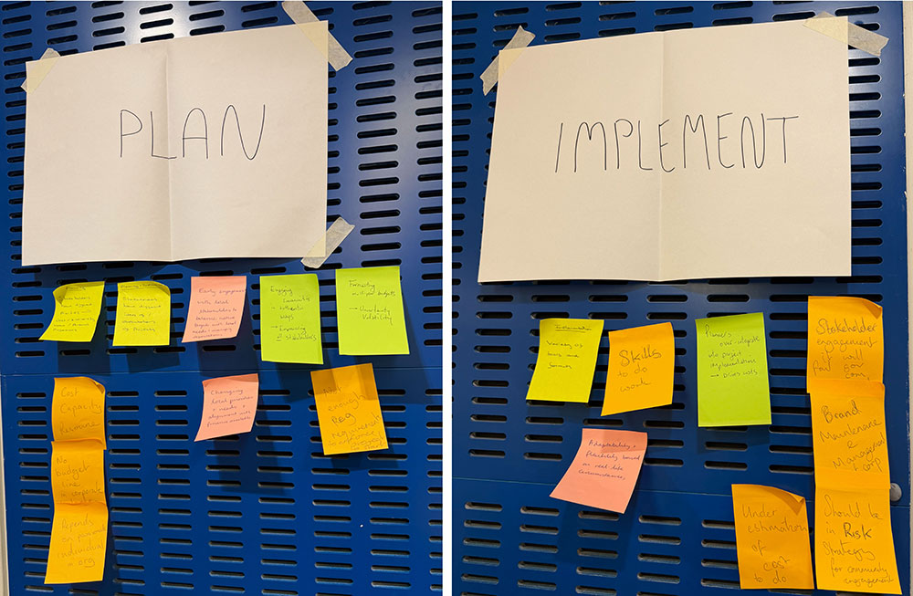 Sticky notes underneath heading of plan and implementation, describing challenges in these areas of nature recovery
