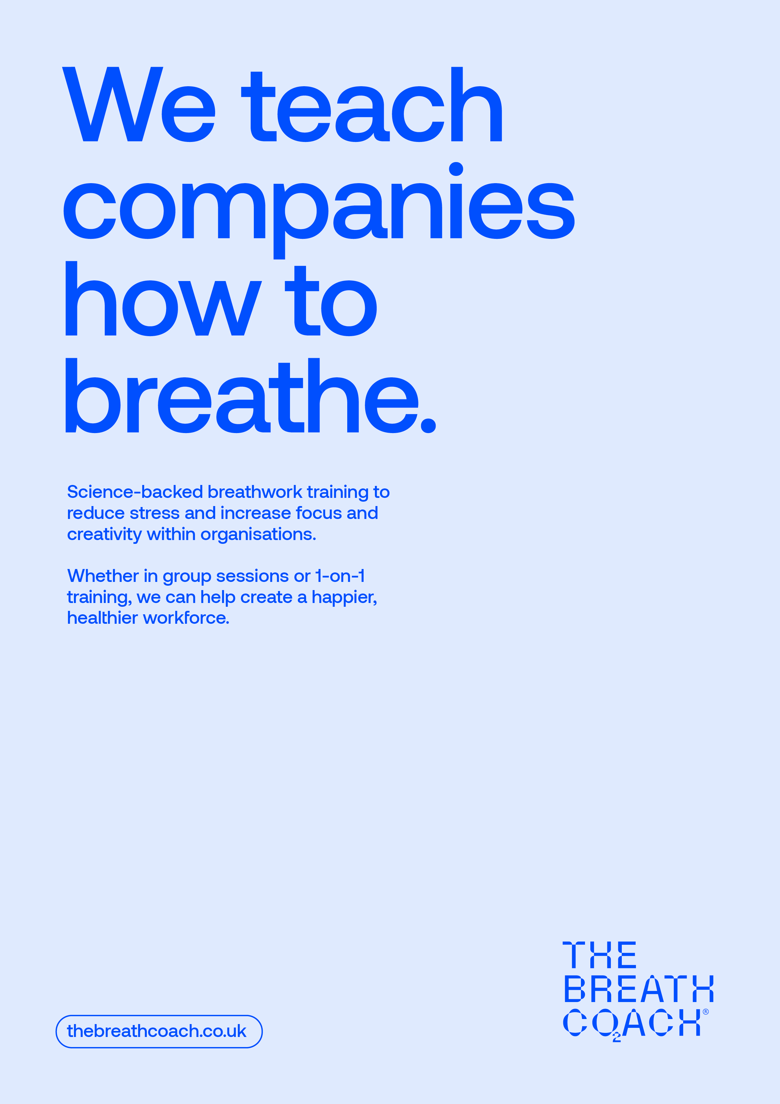 Corporate breathwork training graphic with the phrase “We teach companies how to breathe” promoting The Breath Coach programs for stress reduction, focus, and creativity in organisations across London, Manchester, Birmingham, Edinburgh, Cardiff, UK, and worldwide.