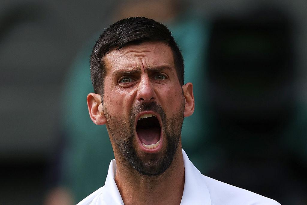 feeling the pressure. Close-up of Novak Djokovic during a Wimbledon match.
