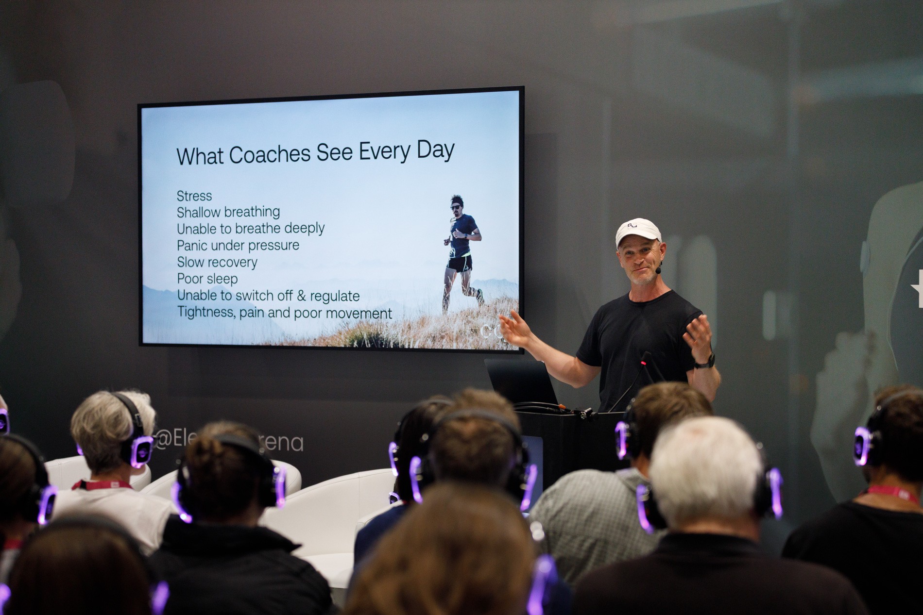 Thomas Hague presenting on breathing and performance under pressure at Elevate London.