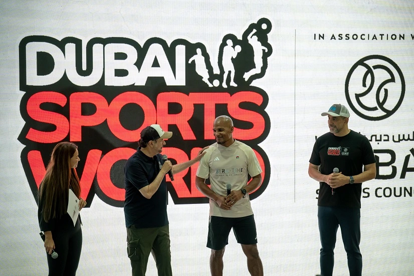 Panel discussion at Dubai Sports World event with brand representatives, highlighting sports marketing, media exposure, and athlete engagement.
