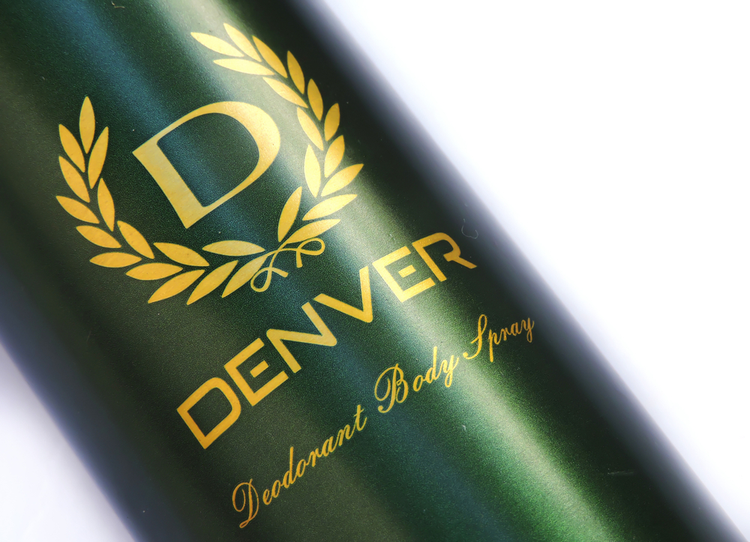 Denver Deodorant Body Spray can with gold logo, showcasing Sports Branding and premium men’s grooming product design.