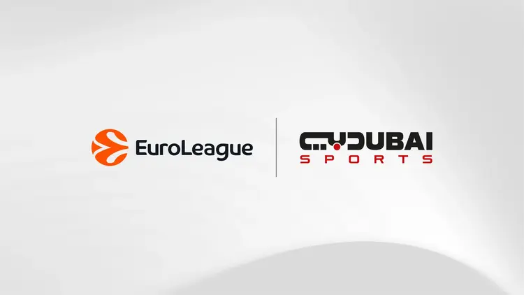 Euroleague and Dubai Media logos side by side highlighting sports marketing and media marketing partnership for major regional basketball broadcast deal.