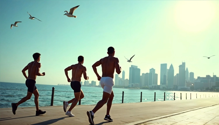Three runners exercise on a Dubai waterfront with city skyline and seagulls in the background during Dubai Fitness Challenge, showcasing active lifestyle and event sponsorship.