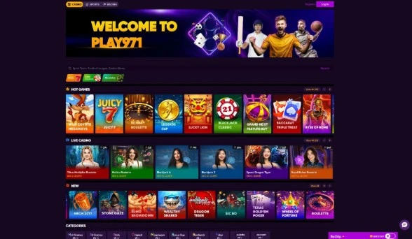 Play971 iGaming in UAE platform homepage showcasing slots, live casino, and sports betting
