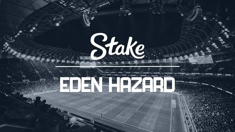 Eden Hazard and Stake iGaming partnership announcement graphic for sports betting ahead of 2026 World Cup in packed stadium.