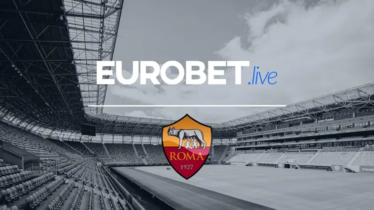 Eurobet.live and AS Roma partnership graphic with Olympic Stadium backdrop, showcasing iGaming, online gambling, and sports betting sponsorship on Serie A jersey.