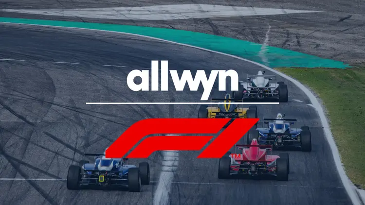 Allwyn sports sponsoring graphic with F1 cars racing on track during official event sponsorships partnership, highlighting lottery brand activation in Formula 1.