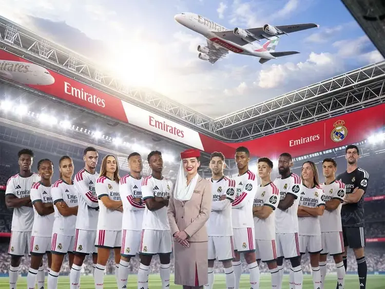 Emirates and Real Madrid sponsorship, featuring team lineup, airline branding, and stadium activation scene in an extended Sports Marketing agreement.