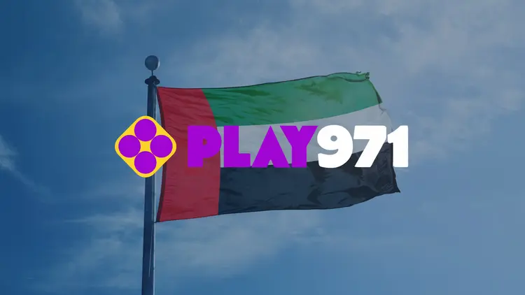 The United Arab Emirates flag waving under a blue sky, overlayed with the Play971 logo representing the growth of the UAE iGaming market.