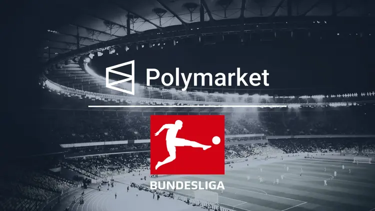 Polymarket and Bundesliga logos displayed over a black and white crowded football stadium at night.