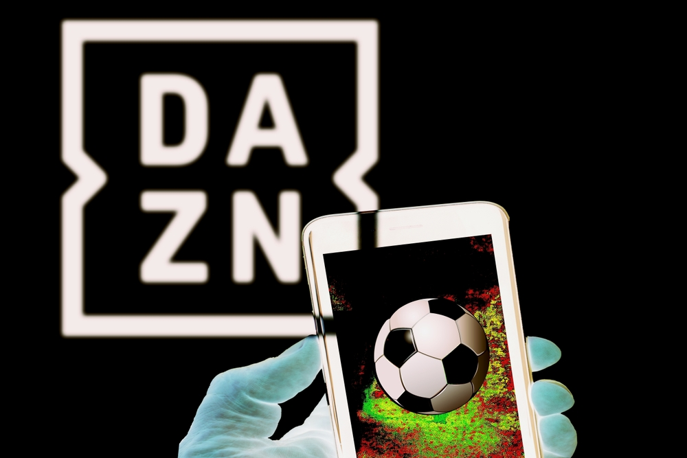 DAZN sports streaming logo with a football displayed on a smartphone, illustrating Sports Branding and digital fan engagement.