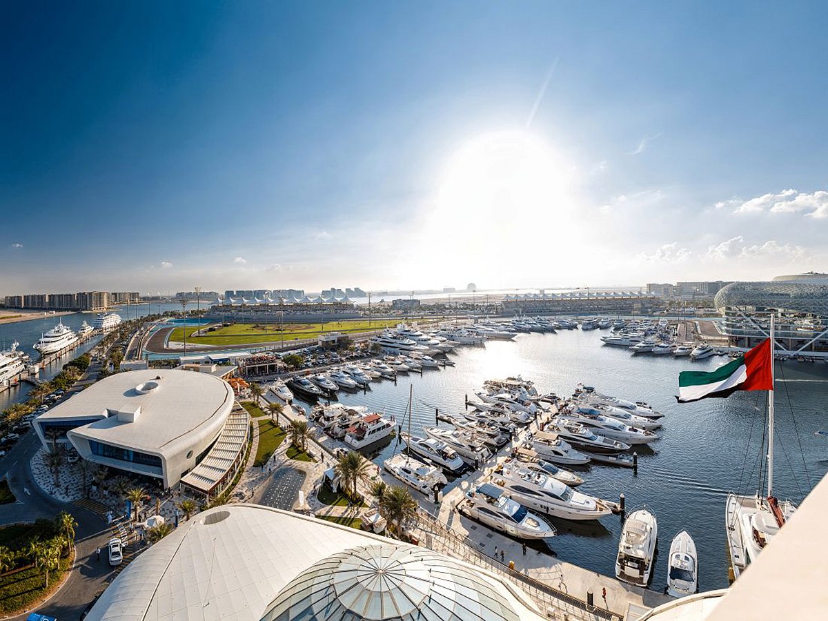 Aerial view of Yas Marina superyacht berths beside Yas Marina Circuit in Abu Dhabi, the waterfront at the heart of this F1 event sponsorship
