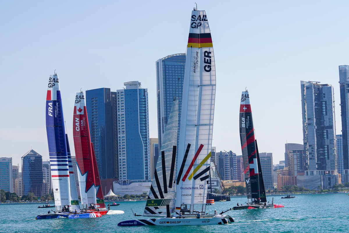 SailGP F50 foiling catamarans racing on the water, image from the Abu Dhabi Sports Council release on the Mubadala event sponsorship