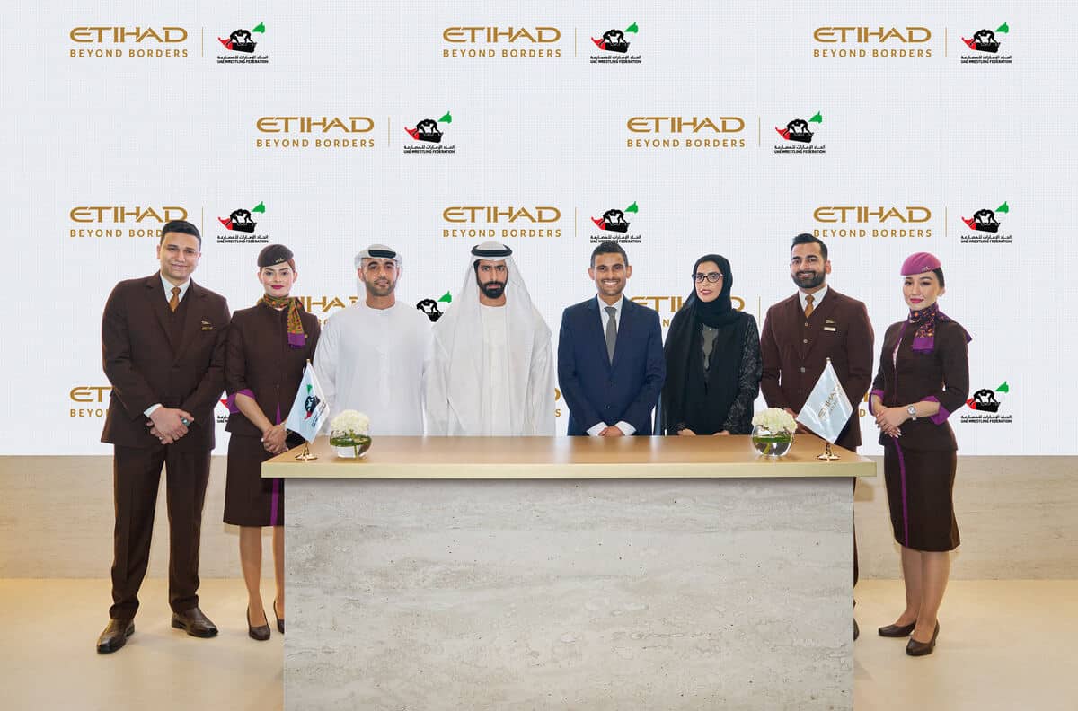 Etihad Airways and UAE Wrestling Federation partnership announcement for the new sports sponsorship signed at Arabian Travel Market