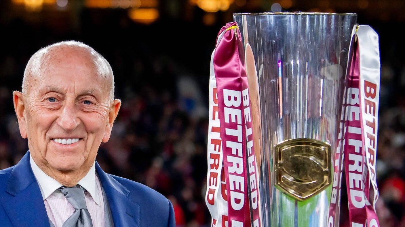 Betfred founder Fred Done beside the Super League trophy with Betfred ribbons, as Betfred ends its rugby league sports sponsorship
