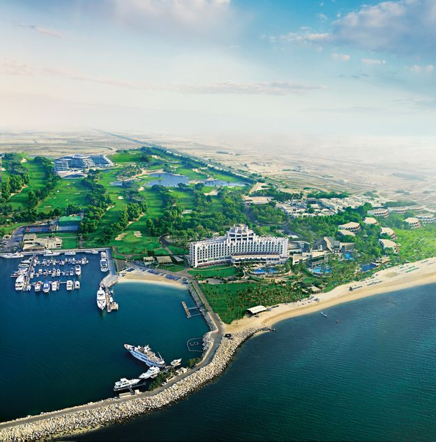 Aerial view of JA The Resort in Jebel Ali, with marina, beach and golf course, Official Hotel Partner of the Dubai 7s event sponsorship
