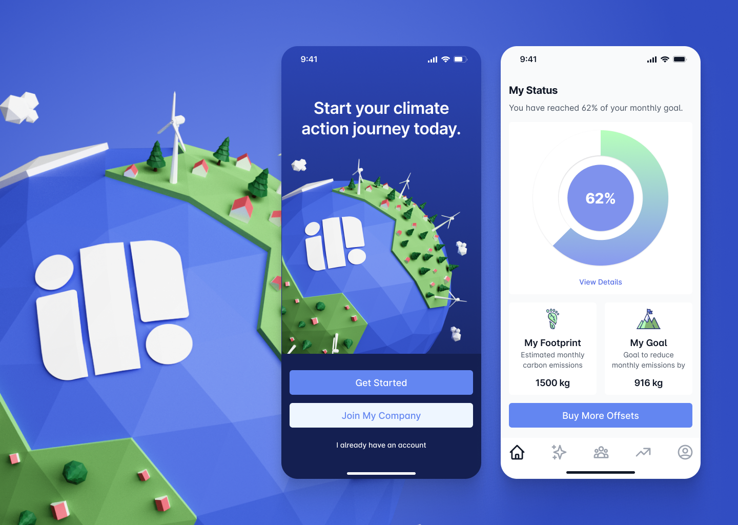 Two smartphones displaying a climate action mobile app, one showing a welcome screen with a globe illustration and the other showing a user dashboard with progress tracking and goals. The phones are placed on a textured surface with light and shadow contrast.