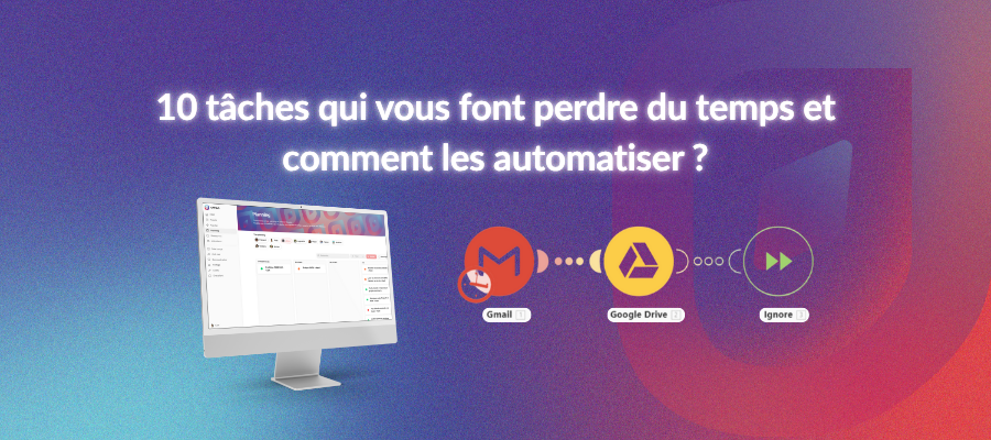 Interface Glide affichée sur un écran d’ordinateur, illustrant un tableau de bord automatisé. À droite, un scénario Make relie Gmail, Google Drive et d’autres applications. Visuel de l’article “10 tâches chronophages que votre entreprise devrait automatiser dès maintenant” – automatisation no-code avec Glide et Make par Kapli.