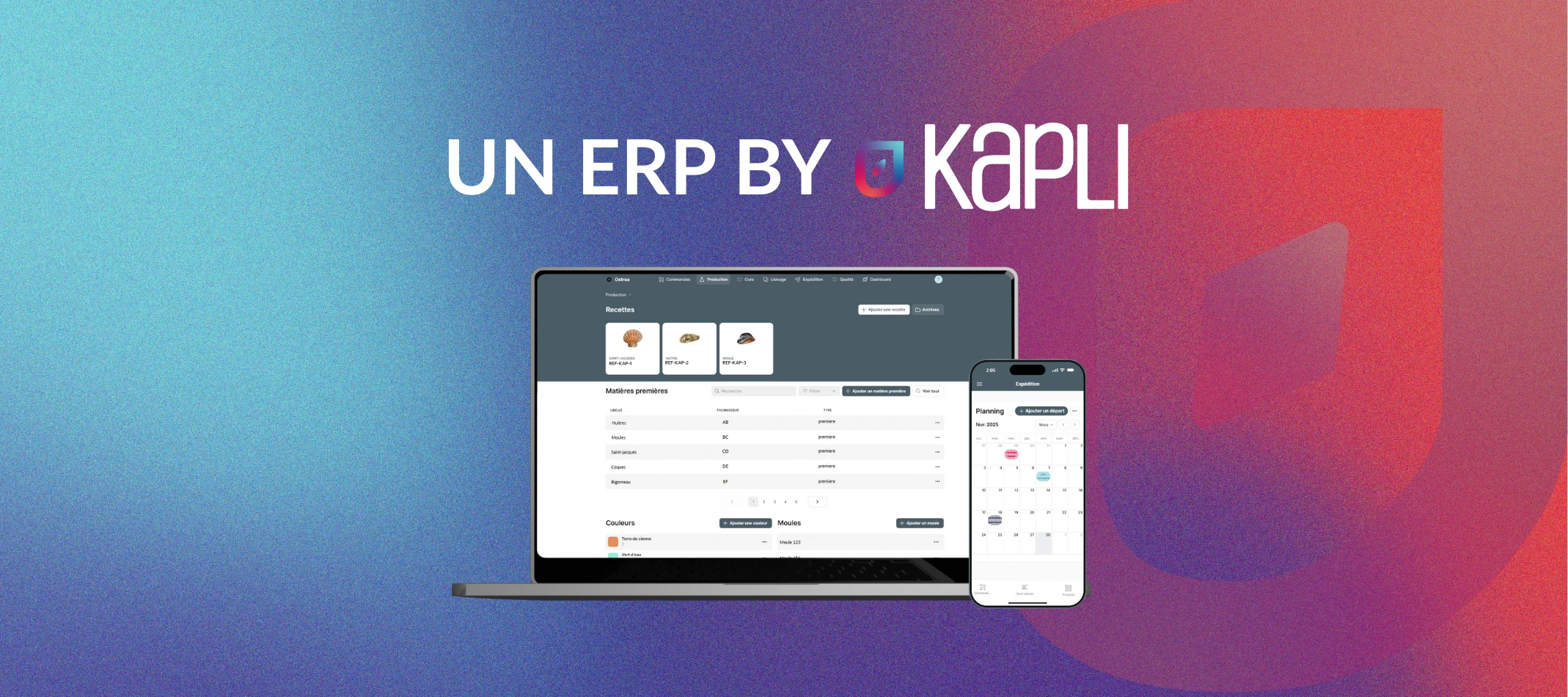 Mockup du projet ERP développé pour Ostrea par Kapli, affichant l’interface de gestion sur ordinateur et mobile, avec le logo Kapli en fond dégradé.