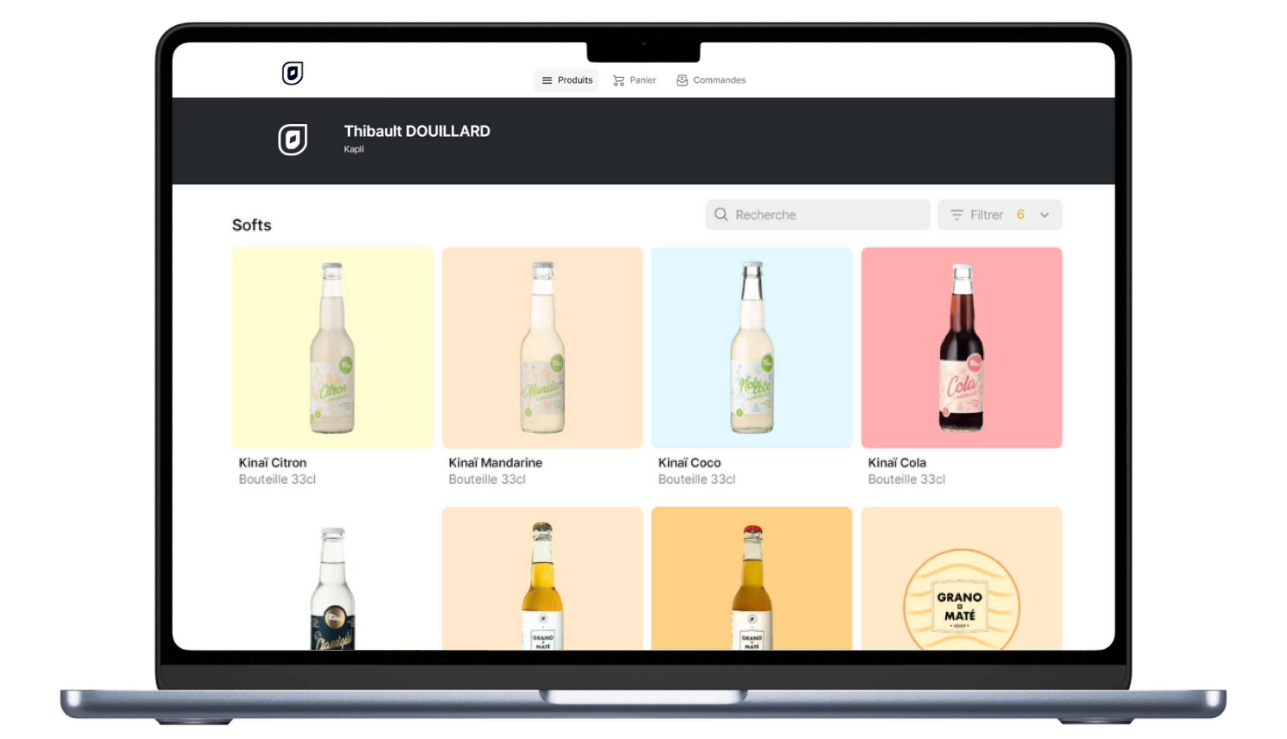 interface desktop du CRM BDrinks avec la présentation des produits