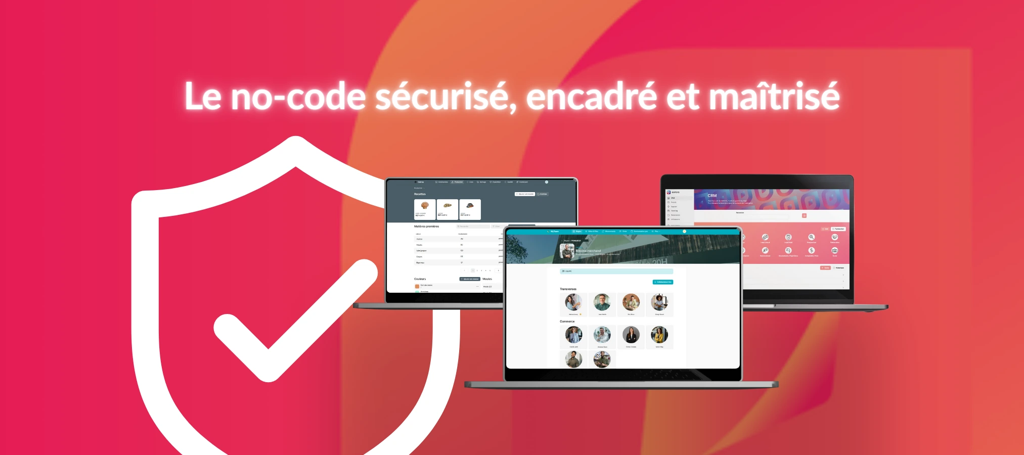 Illustration représentant la sécurité des données dans le no-code, avec des applications métiers protégées par un bouclier.