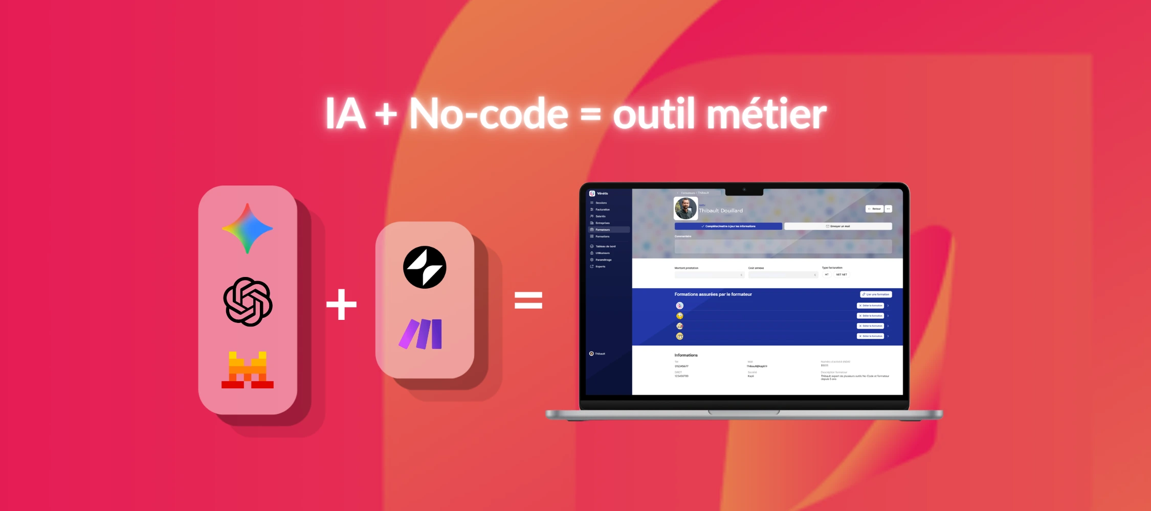 image illustrant le combo de l'IA et du No-Code ensemble (Chat GPT, Mistral, Gemini, Make, Glide)